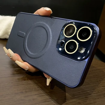 Кожаный матовый чехол MagSafe Magnetic Case для iPhone 15 14 13 Pro Max со стеклянным объективом для защиты камеры, мягкий силиконовый противоударный чехол