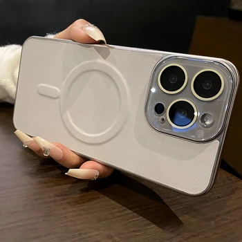 Кожаный матовый чехол MagSafe Magnetic Case для iPhone 15 14 13 Pro Max со стеклянным объективом для защиты камеры, мягкий силиконовый противоударный чехол Изображение 2