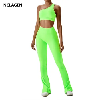 Комплекты для йоги NCLAGEN, Женская спортивная одежда, спортивный бюстгальтер и леггинсы из 2 предметов, повседневный костюм для фитнеса с нитками, спортивная одежда с широкими штанинами