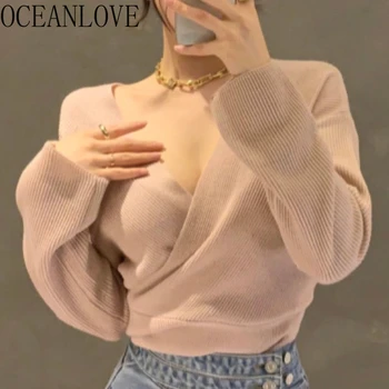 Короткие пуловеры OCEANLOVE с V-образным вырезом, Корейская мода, шикарные Винтажные Осенне-зимние Женские свитера, милая элегантная повседневная женская одежда