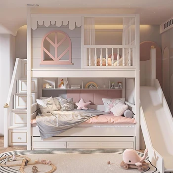 Красивая кровать для девочки Розового цвета, Большое Место для хранения, Мебель для спальни, Милая кровать принцессы С ограждением, Дизайнерская Детская Двухъярусная кровать для ребенка