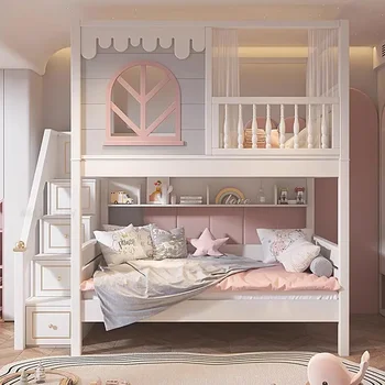 Красивая кровать для девочки Розового цвета, Большое Место для хранения, Мебель для спальни, Милая кровать принцессы С ограждением, Дизайнерская Детская Двухъярусная кровать для ребенка Изображение 2