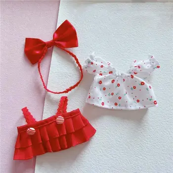 Красная кукольная юбка в мультяшном стиле, костюм с мелким цветочным узором, 20 см, кукольная одежда, повязка на голову с бантом, наряд для кукол-идолов, аксессуары для кукол
