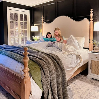 Кровать из массива дерева в американском стиле в римском стиле, 1,8 м, двуспальная кровать в главной спальне, кровать из воловьей кожи, дубовое бревно