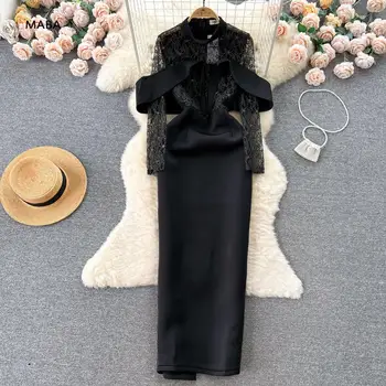 Кружевные платья для подиума, копия осенних Новых женских черных лоскутных платьев с высокой талией, облегающее эластичное Великолепное роскошное платье для дня рождения Vestidos
