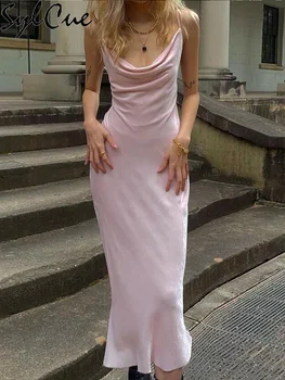 Летнее прохладное легкое интеллектуальное И элегантное розовое Милое Зрелое женственное Эластичное И драпированное женское платье с разрезом на бретелях Изображение 2