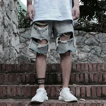 Летние джинсовые шорты в стиле попрошайки с большими дырками, мужские повседневные свободные брюки с пятью точками в стиле хип-хоп, потертые, мужская одежда Изображение 2