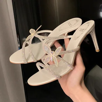 Летние женские тапочки нового дизайна с круглым носком, украшенные бабочками, на высоком каблуке с неглубокой подошвой Zapatos, Элегантная модная женская обувь для ходьбы