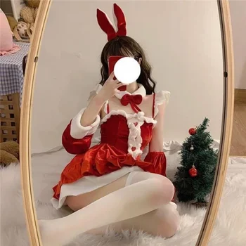Милая Девочка-кролик Лолита на Хэллоуин, Рождественский косплей, Японское аниме, Розовое белье горничной, Мягкий бархатный костюм для ролевых игр с кроликом Изображение 2