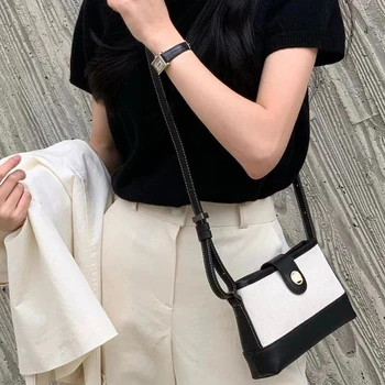 Модная дизайнерская сумка через плечо корейского меньшинства, холщовая лоскутная сумка из натуральной кожи, повседневная универсальная сумочка Изображение 2