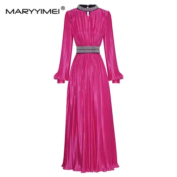 Модное дизайнерское платье MARYYIMEI, весеннее женское платье, расшитое бисером, воротник-стойка, рукава-фонарики, плиссированные платья на шнуровке