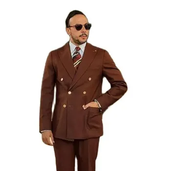 Модные мужские коричневые костюмы Slim Fit, 2 предмета, Элегантная классическая мужская свадебная одежда, костюм жениха, домашняя куртка, брюки