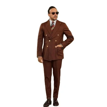 Модные мужские коричневые костюмы Slim Fit, 2 предмета, Элегантная классическая мужская свадебная одежда, костюм жениха, домашняя куртка, брюки Изображение 2