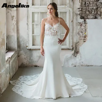 Модные свадебные платья Angelika на тонких бретельках, без рукавов, атласные аппликации, праздничное платье с пуговицами-трубами