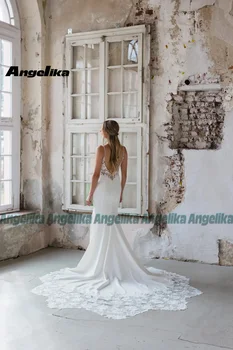 Модные свадебные платья Angelika на тонких бретельках, без рукавов, атласные аппликации, праздничное платье с пуговицами-трубами Изображение 2