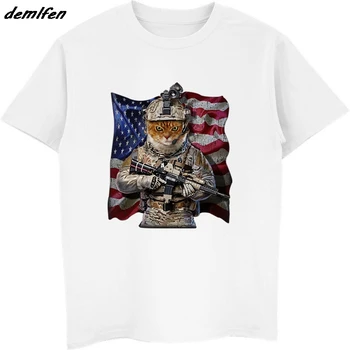 Мужская летняя футболка USA America Patriot Tabby Cat в образе армейского коммандос, крутые футболки в стиле хип-хоп, уличная одежда Harajuku