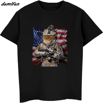 Мужская летняя футболка USA America Patriot Tabby Cat в образе армейского коммандос, крутые футболки в стиле хип-хоп, уличная одежда Harajuku Изображение 2