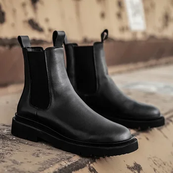 Мужские повседневные ботинки Челси в британском стиле, черные трендовые ботинки на платформе, высокие ботинки из натуральной кожи, ковбойские короткие ботинки masculinas