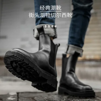 Мужские повседневные ботинки Челси в британском стиле, черные трендовые ботинки на платформе, высокие ботинки из натуральной кожи, ковбойские короткие ботинки masculinas Изображение 2