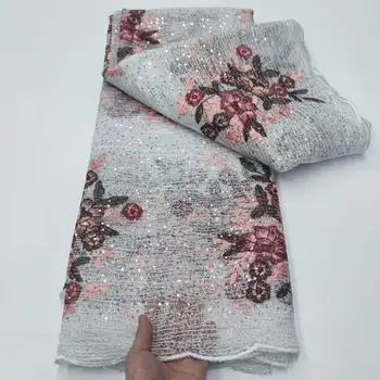 Нигерийская Кружевная ткань с 3D пайетками 2024 Высококачественное Африканское Кружево Французский Тюль Кружевные ткани с вышивкой пайетками для вечернего платья