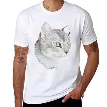 Новая футболка с серым котом, футболки для мальчиков, однотонная футболка с коротким рукавом, мужская одежда