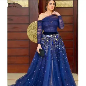 Новое поступление, Королевское синее платье с открытыми плечами, Вечерний вечер 2020 с длинным рукавом, Дубайское темно-синее вечернее платье, Белое вечернее платье Изображение 2