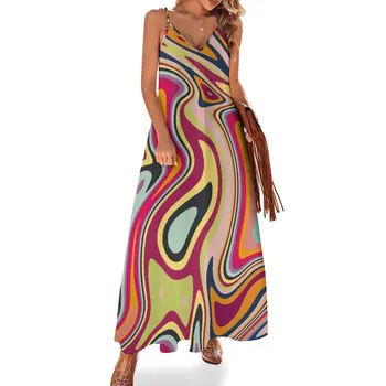 Новое ретро-платье без рукавов с абстрактным жидким вихревым рисунком 70-х, летний женский костюм, сексуальные короткие платья, смелые