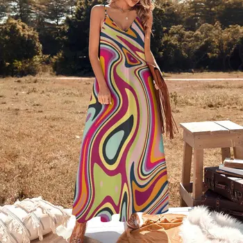 Новое ретро-платье без рукавов с абстрактным жидким вихревым рисунком 70-х, летний женский костюм, сексуальные короткие платья, смелые Изображение 2