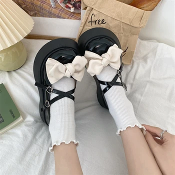 Новые белые туфли в стиле Лолиты с кружевным бантом Kawaii, женская обувь на платформе с пряжкой в виде сердца, женские туфли Mary Janes из лакированной кожи в японском стиле.