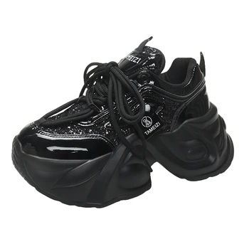Новые женские весенние кроссовки Bling, кожаные туфли с толстой подошвой толщиной 8 см, вулканизированная обувь на высокой платформе, повседневная спортивная обувь