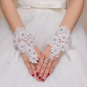 Оптовые Свадебные Перчатки Невесты из Белого жемчуга Дешевые Свадебные Перчатки Из кружева Без пальцев Guantes Largos Mujer