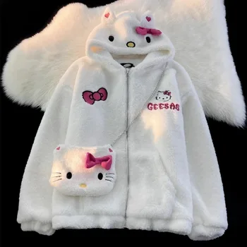 Оригинальное пальто Sanrio Cute Hello Kitty из овечьей шерсти для студенток, зимние свободные плюшевые утолщенные теплые хлопчатобумажные пальто, зимняя одежда для женщин