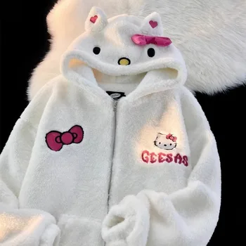 Оригинальное пальто Sanrio Cute Hello Kitty из овечьей шерсти для студенток, зимние свободные плюшевые утолщенные теплые хлопчатобумажные пальто, зимняя одежда для женщин Изображение 2