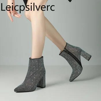 Осенне-зимние модные женские ботинки на высоком каблуке Простота темперамента, полноразмерные женские ботинки на квадратном каблуке с острым носком высотой 9 см