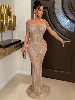 Платье Hawlife с блестящими бриллиантовыми блестками с длинным рукавом Элегантное Макси платье для выпускного вечера 005