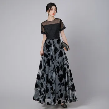 Платья 2023 Новый Темперамент, уменьшающий талию, Тонкое Черное кружевное платье с длинными вставками