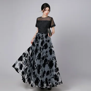 Платья 2023 Новый Темперамент, уменьшающий талию, Тонкое Черное кружевное платье с длинными вставками Изображение 2