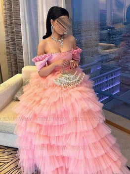Платья для официальных мероприятий Pink Cake 2023, многоуровневое вечернее платье из тюля трапециевидной формы с открытыми плечами, Длинные элегантные вечерние платья