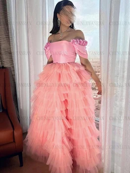 Платья для официальных мероприятий Pink Cake 2023, многоуровневое вечернее платье из тюля трапециевидной формы с открытыми плечами, Длинные элегантные вечерние платья Изображение 2