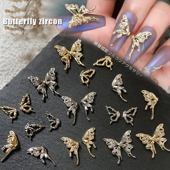 Половинки крыльев бабочки, детали для ногтей, подвески для ногтей в виде бабочек из жидкого металла, Золотые / Серебряные Полые Бриллиантовые кристаллы для ногтей, декор