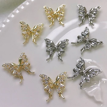 Половинки крыльев бабочки, детали для ногтей, подвески для ногтей в виде бабочек из жидкого металла, Золотые / Серебряные Полые Бриллиантовые кристаллы для ногтей, декор Изображение 2