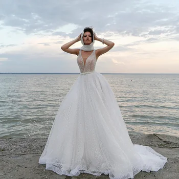Потрясающие Роскошные Свадебные Платья Из Тюля С Блестками 2023, Изящное Свадебное Платье с V-образным вырезом и Шлейфом Ватто для Женщин