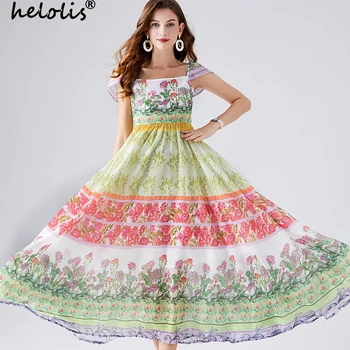Праздничное летнее платье Helolis контрастного цвета с цветочным принтом, женское шифоновое длинное платье с квадратным воротником без спинки и коротким рукавом, Vestidos