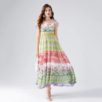 Праздничное летнее платье Helolis контрастного цвета с цветочным принтом, женское шифоновое длинное платье с квадратным воротником без спинки и коротким рукавом, Vestidos Изображение 2