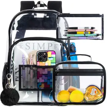 Прозрачный рюкзак из 3 предметов, сверхпрочная прозрачная сумка для книг, прозрачные рюкзаки с блестками - черный