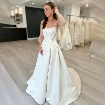 Простые Атласные свадебные платья трапециевидной формы без бретелек со стреловидным шлейфом, сшитые на заказ для новобрачных 2024 Vestido De Noival
