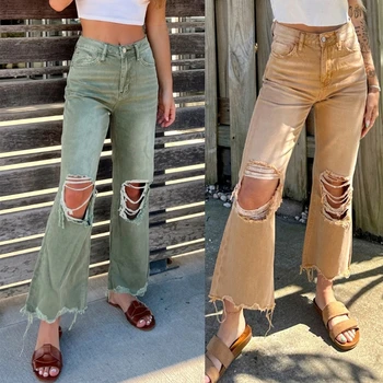 Рваные женские джинсы с высокой талией, расклешенные джинсовые брюки с дырками, потертые брюки