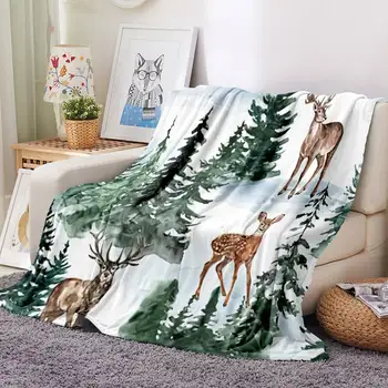 Рождественское Фланелевое одеяло с лосем, Сосны, Олень, Снег, Теплое легкое Уютное одеяло для спальни, гостиной, дивана-кушетки