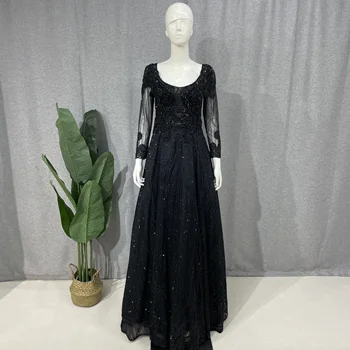 Роскошное кристально-черное вечернее платье Русалки из Дубая, мусульманское платье с длинным рукавом, Серебристо-серое вечернее платье большого размера для женщин, Свадебная вечеринка