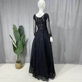 Роскошное кристально-черное вечернее платье Русалки из Дубая, мусульманское платье с длинным рукавом, Серебристо-серое вечернее платье большого размера для женщин, Свадебная вечеринка Изображение 2